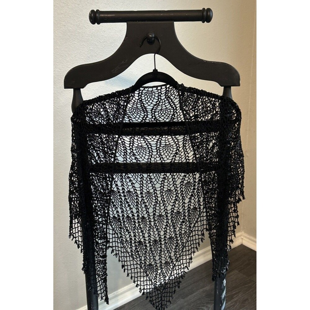 Vtg Style Black Beaded Mesh Fringe Fan Feather Shawl Capelet Sequin Eve Gothic